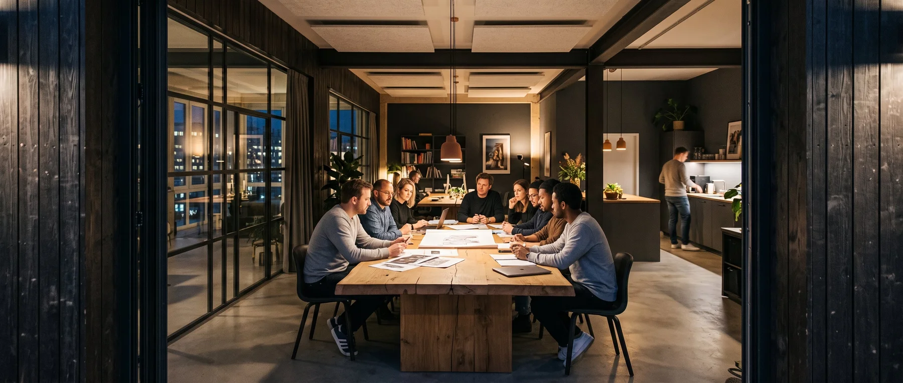 Menschen arbeiten in einem großzügigen Kreativstudio zusammen.