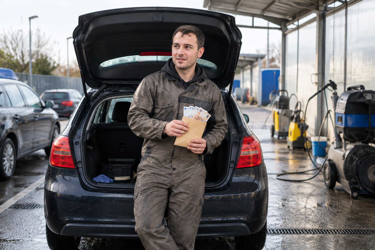 Mitarbeiter einer Autowäsche hält einen Umschlag mit Geld vor einem offenen Kofferraum.