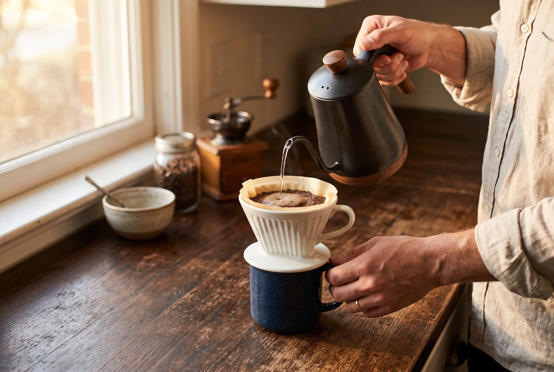 Kaffee wird mit einem Keramik-Handfilter zubereitet.