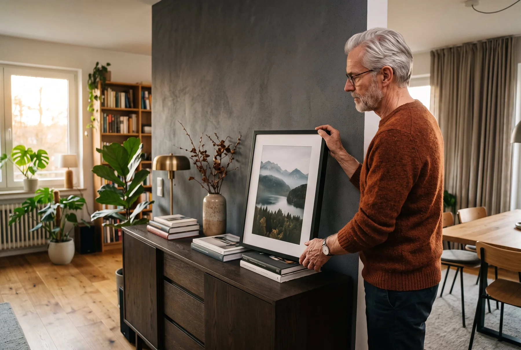 Ein Mann stellt ein gerahmtes Landschaftsfoto auf ein Sideboard.