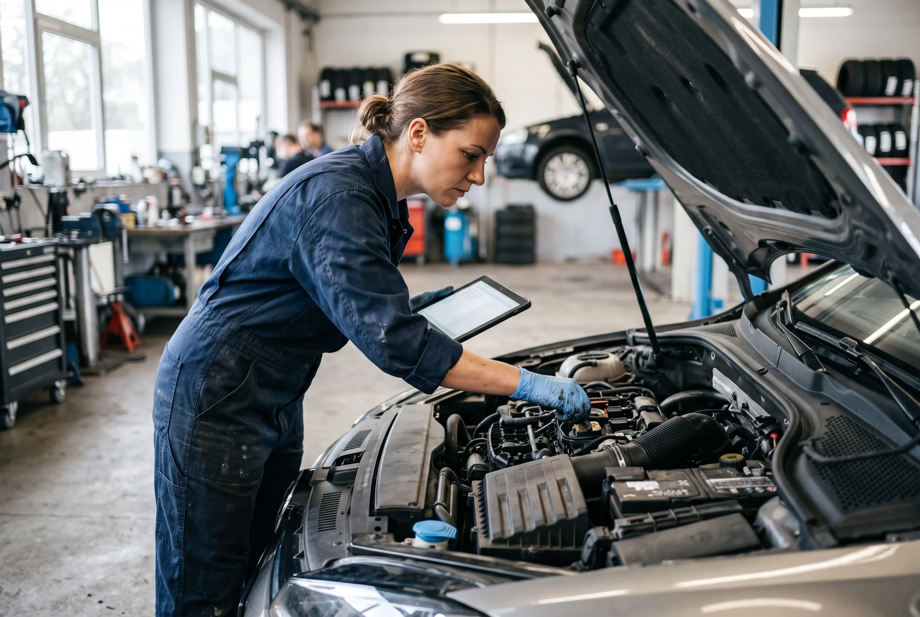 Ein Mechaniker prüft den Motorraum eines Fahrzeugs in einer Werkstatt.